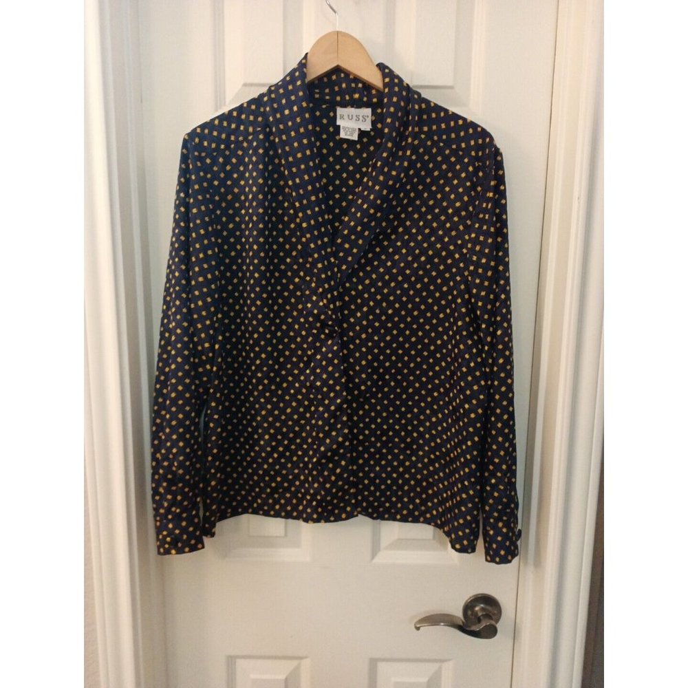 Women's Russ Deep V-neck Satin Elegant Blue/Gold Button Blouse Size 12